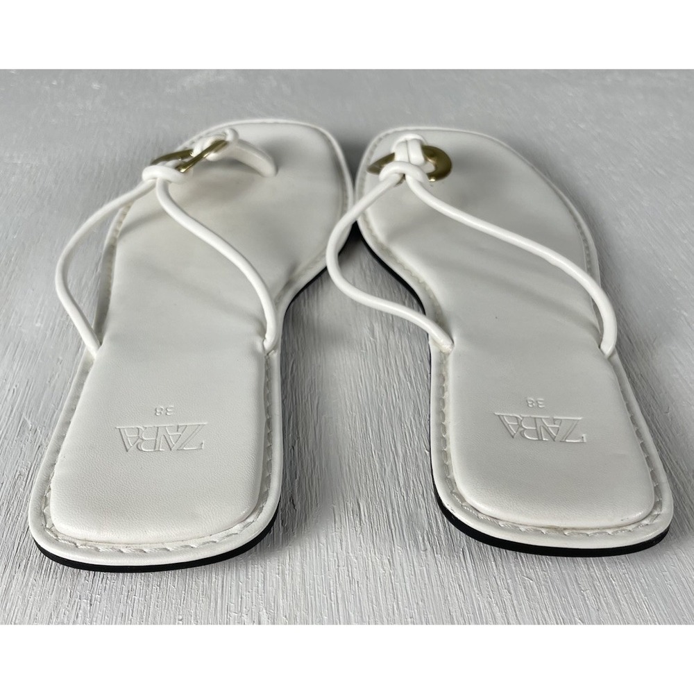 Zara women slip on sandal Square Toe White Gold Straps Size 38 US 7.5 - Picture 10 of 12